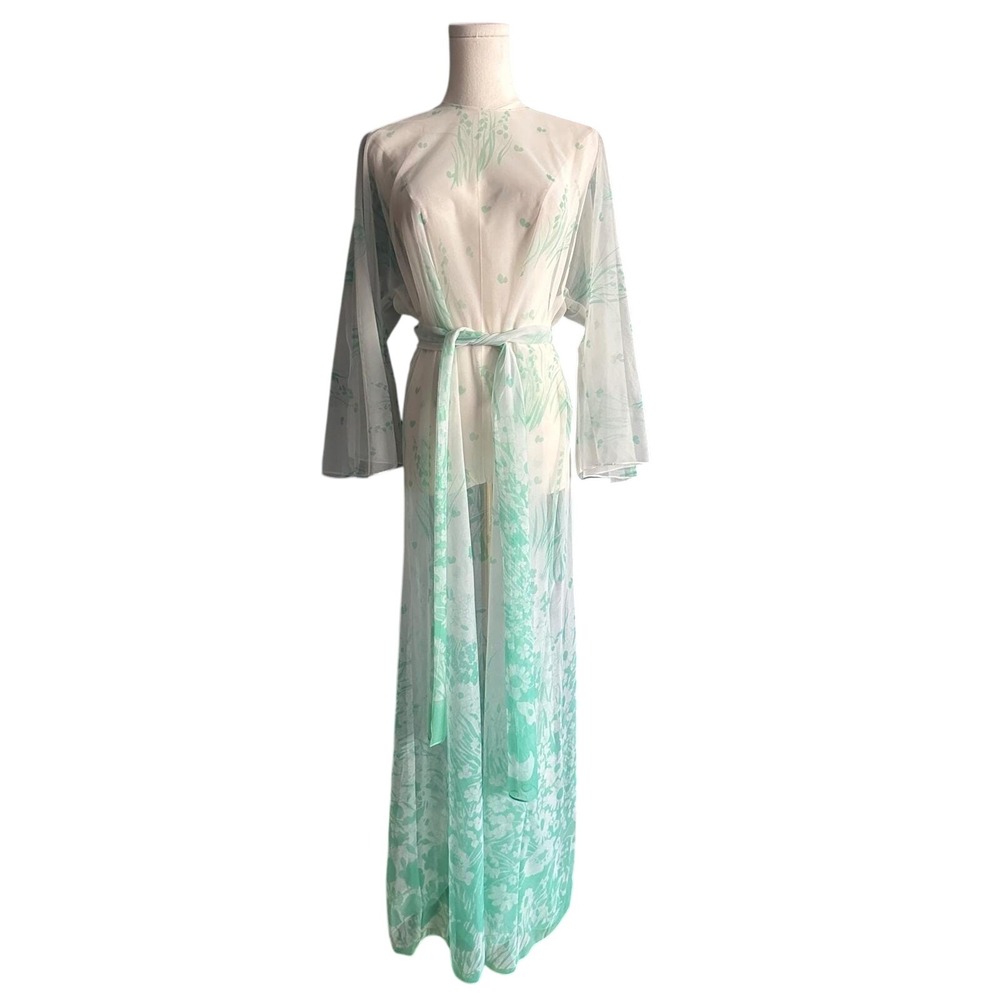 Vintage Sheer Chiffon Floral Maxi Dress Mint Green Angel Sleeve Robe‎ Gown OS